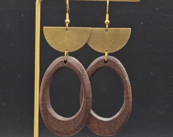 Wood and Brass Statement Earrings • Long Geometric Earrings • Lightweight Dramatic Earrings • Sculptural Wood Jewelry • Bold Modern Earrings