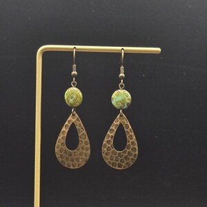 Brass Teardrop Earrings - Hammered Bronze Earrings, Czech Glass Earrings, Green Glass Earrings, Bronze Drop Earrings with Green Beads