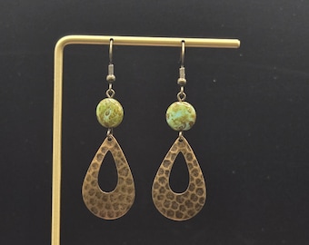 Brass Teardrop Earrings - Hammered Bronze Earrings, Czech Glass Earrings, Green Glass Earrings, Bronze Drop Earrings with Green Beads