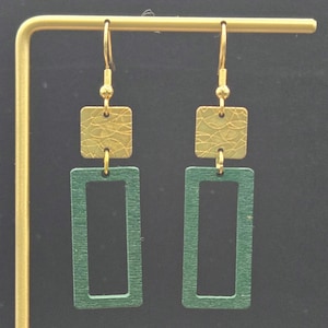 Green Wooden Earrings • Open Rectangle Dangle Earrings • Etched Brass and Wood Jewelry • Lightweight Geometric Earrings • Modern Earrings