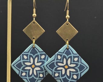Blue Floral Polymer Clay Earrings • Geometric Statement Earrings • Light Blue Flower Earrings • Clay and Brass Dangle Earrings