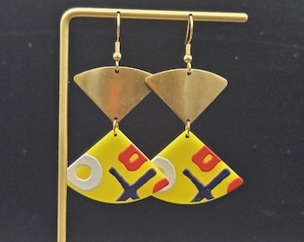 Yellow Geometric Earrings • Acrylic Statement Earrings • Colorful Drop Earrings • Brass Dangle Earrings