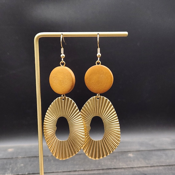 Wood and Brass Statement Earrings Hypoallergenic Wooden Earrings