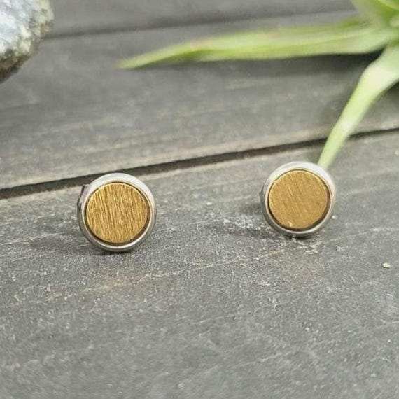 Mixed Metal Stud Earrings • Silver and Brushed Gold Studs • Minimalist Everyday Earrings • Modern Simple Jewelry