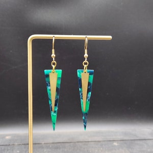 Green Triangle Earrings - Green Earrings Gold, Lightweight Green Dangle Earrings, Green Acrylic Earrings, Layered Triangle Drop Earrings