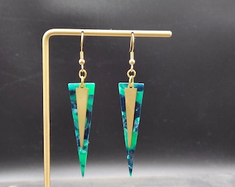 Green Triangle Earrings - Green Earrings Gold, Lightweight Green Dangle Earrings, Green Acrylic Earrings, Layered Triangle Drop Earrings