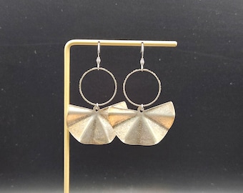 Silver Fan Dangle Earrings • Abstract Geometric Earrings • Lightweight Modern Statement Earrings • Matte Silver Brass Jewelry