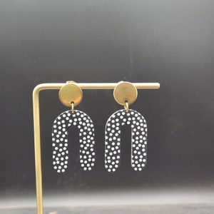 Polka Dot Earrings - Black & White Earrings, U Shaped Earrings, Hypoallergenic Acrylic Dangle Earrings, Dangly Stud Earrings, Arch Earrings