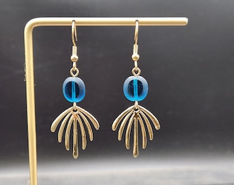 Art Deco Earrings - Fan Dangle Earrings, Blue Drop Earrings, Czech Glass Earrings, Czech Glass Jewelry, Blue and Gold Earrings, Blue Jewelry