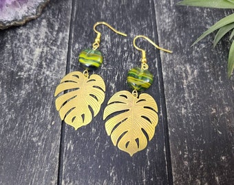 Lightweight Green and Gold Monstera Leaf Earrings, Czech Glass and Raw Brass Plant Earrings, Hypoallergenic Earrings for Plant Lovers