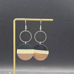 Wood Resin Earrings - Black and White Earrings, Neutral Earrings, Silver Dangle Earrings, Wooden Drop Earrings, Wooden Dangle Earrings