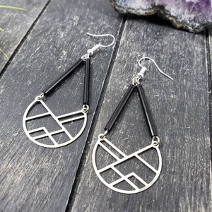 Black and Silver Crescent Trapeze Style Earrings, Geometric Black and Silver Earrings, Jet Black Czech Glass and Silver Bridesmaid Earrings
