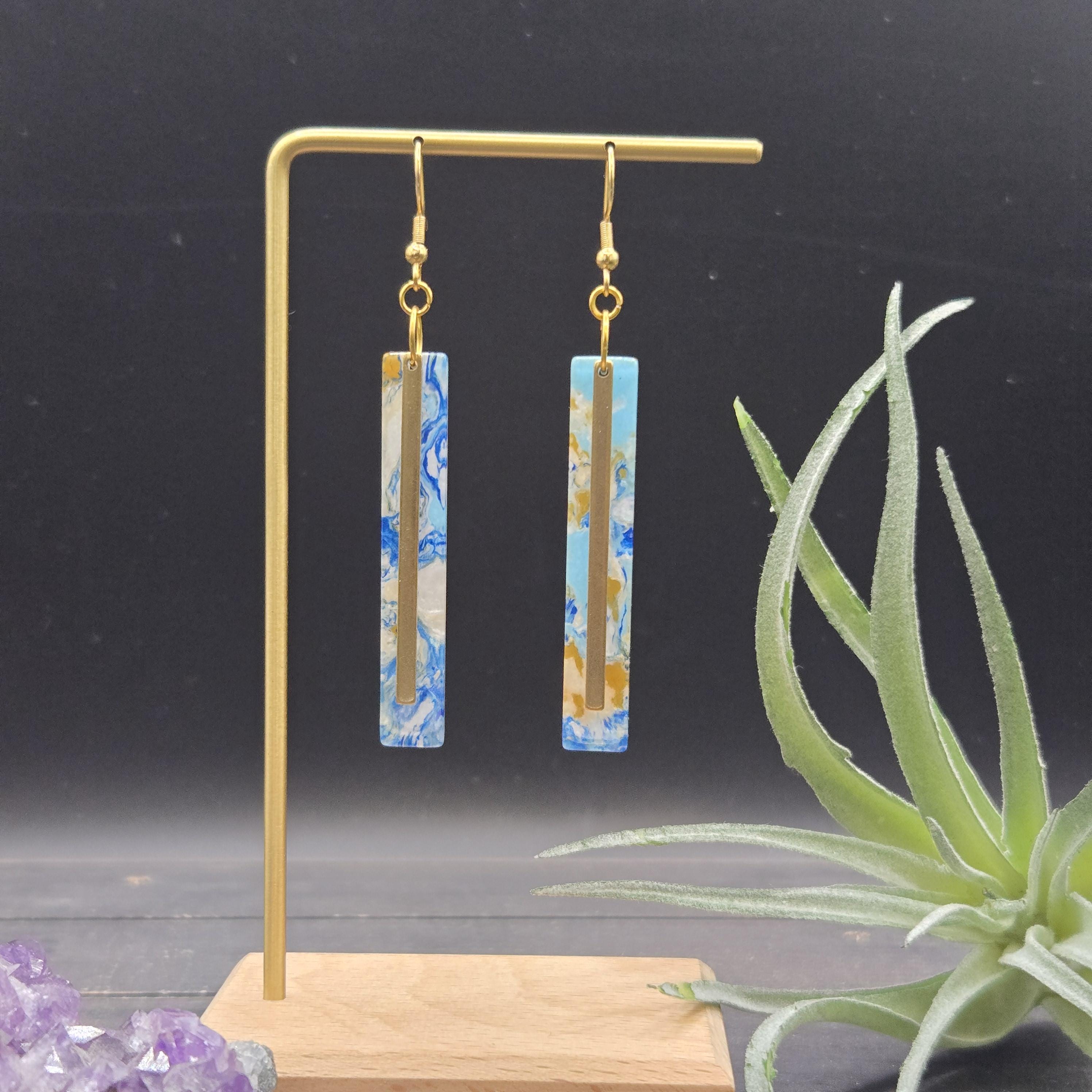 Long Blue Earrings • Marbled Acrylic Bar Earrings • Rectangle