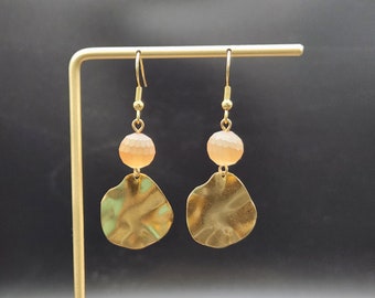 Peach Dangle Earrings - Wavy Gold Earrings, Peach and Gold Earrings, Glass Dangle Earrings, Glass Drop Earrings, Unique Earrings