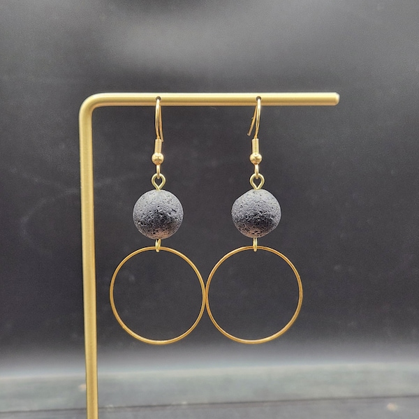 Lava Stone Earrings - Lava Stone Jewelry, Diffuser Earrings, Black and Gold Earrings, Aromatherapy Jewelry, Diffuser Jewelry, Black Earrings