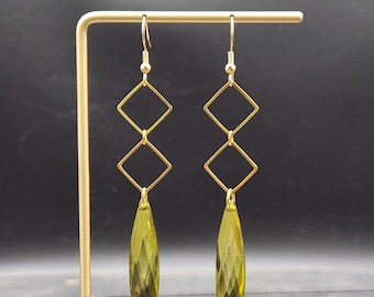 Olive Green Earrings - Green and Gold Earrings, Green Dangle Earrings, Geometric Earrings, Long Drop Earrings, Green Teardrop Earrings