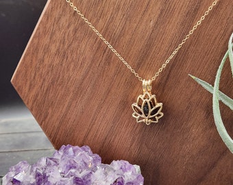 Floral Diffuser Necklace - Essential Oil Diffuser Necklace, Lava Stone Diffuser Necklace, Gold Lotus Necklace, Gold Lotus Pendant