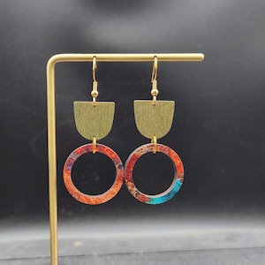 Colorful Wood Earrings - Funky Dangle Earrings, Round Wooden Earring, Lightweight Dangle Earrings, Hypoallergenic Drop Earrings, Red Earring