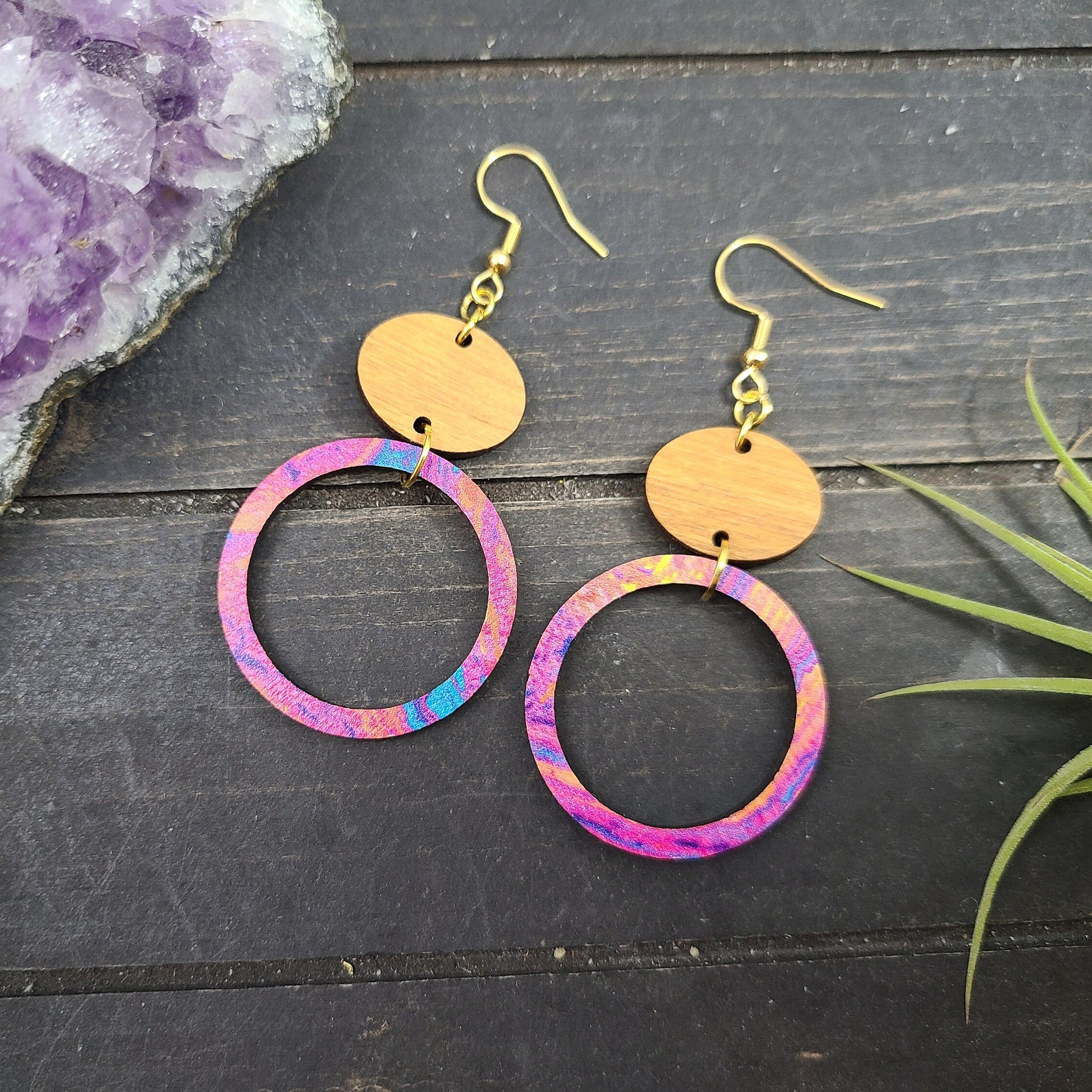 Boucles D'oreilles Ovales En Bois Peint Arc-en-ciel - Crochets Argent 925 - Neuf étiqueté