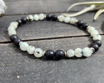 Onyx and Jasper Bracelet • Dainty Black Stone Stretch Bracelet • Matte Onyx Jewelry • Minimalist Everyday Bracelet