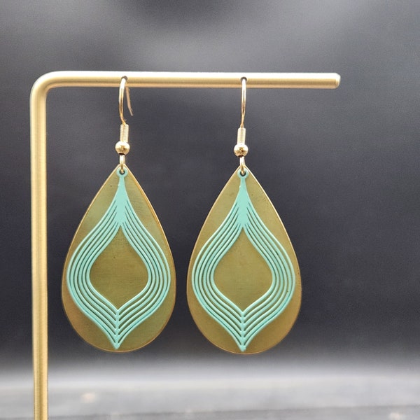Brass Drop Earrings - Art Deco Earrings, Art Deco Jewelry, Turquoise Blue Earrings, Turquoise and Gold Earrings, Gold Teardrop Earrings