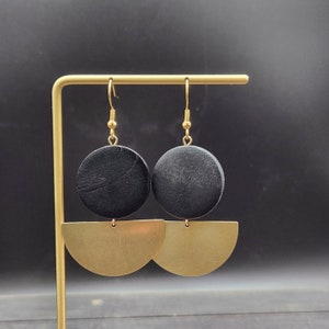 Black Wooden Earrings - Lightweight Black Statement Earrings, Half Moon Earrings, Black & Gold Earrings, Semicircle Earrings, Wooden Jewelry