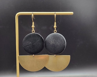 Black Wooden Earrings - Lightweight Black Statement Earrings, Half Moon Earrings, Black & Gold Earrings, Semicircle Earrings, Wooden Jewelry