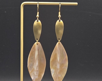Long Shell Drop Earrings • Natural Shell and Brass Dangles • Neutral Coastal Statement Earrings