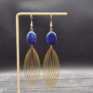 Lapis Lazuli Earrings - Lapis Earrings with Brass Oval, Geometric Blue and Gold Gemstone Earrings, Dark Blue Earrings, Lapis Lazuli Jewelry