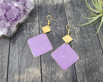 Geometric Purple and Gold Statement Earrings, Lightweight Hypoallergenic Double Diamond-Shaped Brass Drop Earrings with Bright Purple Patina