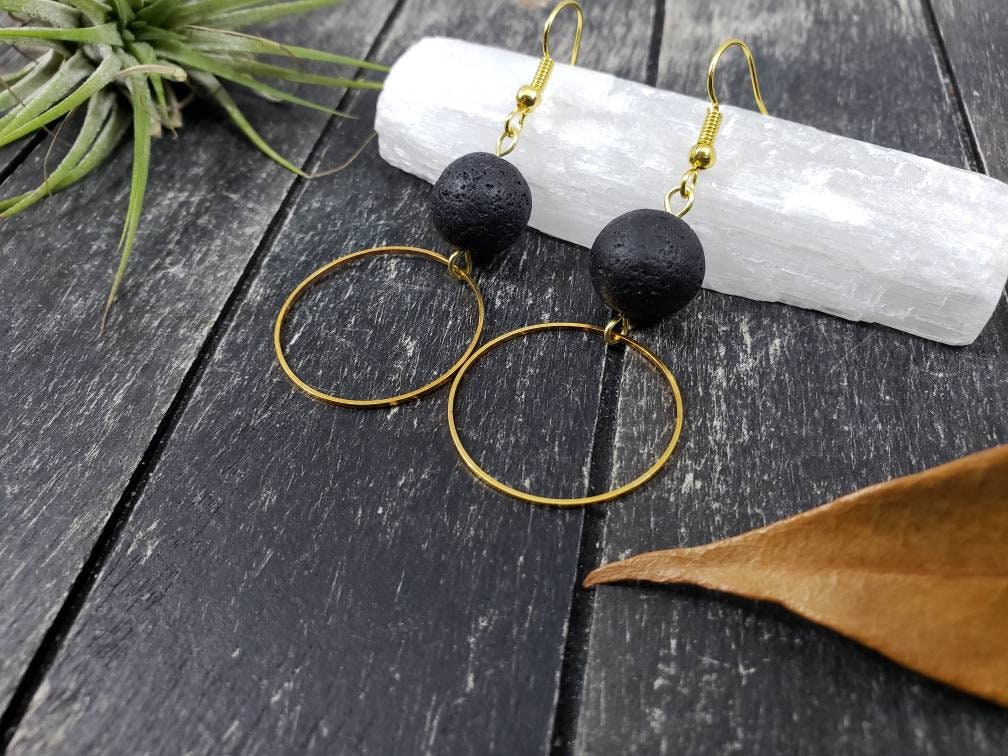 Black and Gold Lava Stone Hoop Earrings Lightweight Black | Etsy
