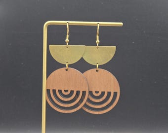 Boucles D'oreilles Pendantes En Bois Bleu - Forme Ovale Creuse Avec étoile - Fait Main Unique