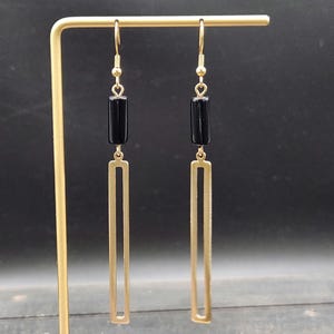 Black and Gold Geometric Earrings • Long Rectangle Dangle Earrings • Minimalist Statement Jewelry • Lightweight Everyday Modern Earrings