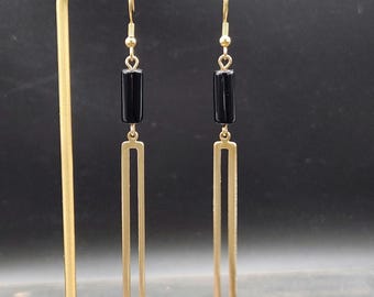 Black and Gold Geometric Earrings • Long Rectangle Dangle Earrings • Minimalist Statement Jewelry • Lightweight Everyday Modern Earrings