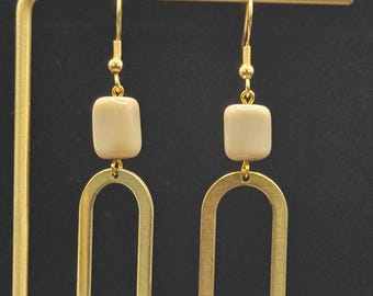 Beige Dangle Earrings • Neutral Earrings • Gold Arch Earrings • Beige Statement Earrings • Minimalist Dangle Earrings • Everyday Earrings