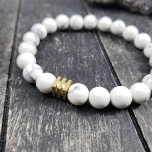 White and Gold Unisex Stretch Bracelet, White Howlite Stretch Bracelet with Raw Brass Industrial Focal Bead, White and Gray Howlite Bracelet