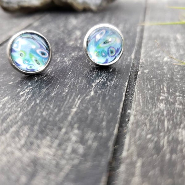 Abstract Blue and Green Glass Stud Earrings, 12mm Round  Post Earrings, Psychedelic Glass Cabochon & Stainless Steel Circular Stud Earrings