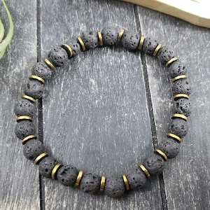 Lava Stone Bracelet • Mens Lava Bracelet • Diffuser Bracelet • Black Gold Beaded Bracelet • Mens Stone Bracelet