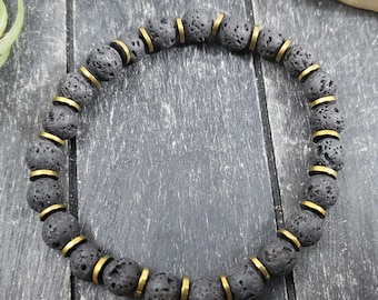Lava Stone Bracelet • Mens Lava Bracelet • Diffuser Bracelet • Black Gold Beaded Bracelet • Mens Stone Bracelet