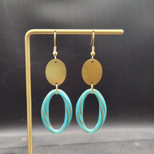 Turquoise and Gold Oval Statement Earrings, Brass Oval Earrings with Teal and Gold Etched Acrylic Bead, Geometric Turquoise & Brass Earring