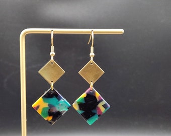 Acrylic Dangle Earrings - Lightweight Acetate Earrings, Multicolor Earrings, Diamond Shaped Earrings, Geometric Earrings, Geometric Jewelry