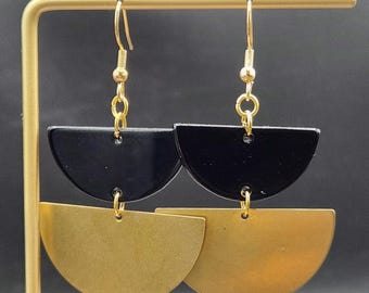Black and Gold Earrings • Black Acrylic Earrings • Half Moon Earrings • Geometric Brass Earrings • Semi Circle Earrings
