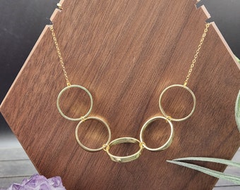 Gold Circle Necklace - Gold Ring Necklace, Geometric Statement Necklace with Five Gold Rings, Modern Gold Linked Circle Bib Necklace