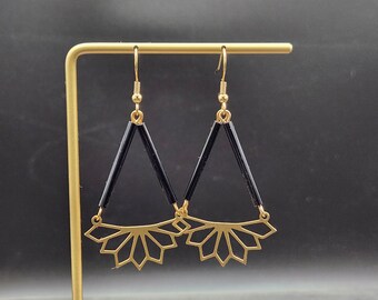 Black and Gold Earrings • Art Deco Earrings • Geometric Statement Earrings • Czech Glass Earrings • Brass Dangle Earrings