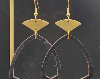 Black Wood Statement Earrings • Open Geometric Dangles • Brass Accent Earrings • Featherweight Bold Jewelry