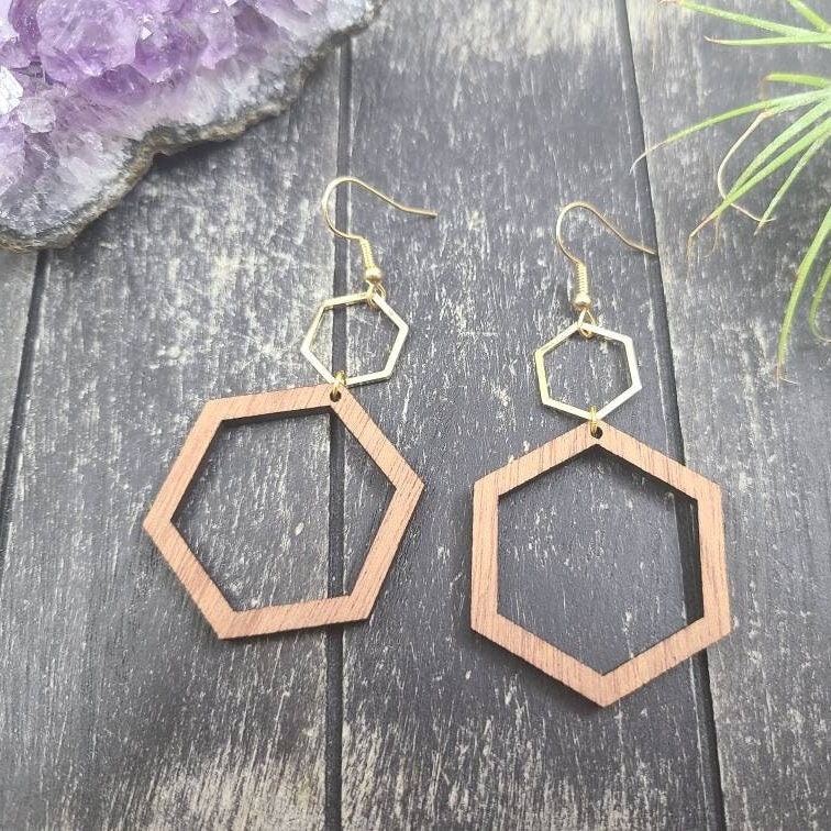 洋銀　鏝 Geometric Wood Earrings - Hexagon Earrings, Lightweight