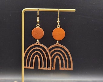 Arch Dangle Earrings, Wooden Dangle Earrings, Wooden Drop Earrings, Lightweight Wood Earrings, Rainbow Earrings Dangle, Wooden Jewelry