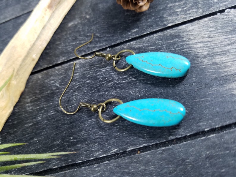 Turquoise Blue Dyed Howlite and Bronze Dangle Earrings Simple Etsy