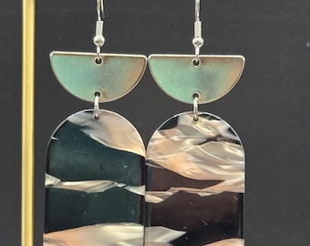 Silver Arch Dangle Earrings • Modern Geometric Earrings • Marbled Acrylic Drops • Silver & Black Statement Earrings • Architectural Jewelry