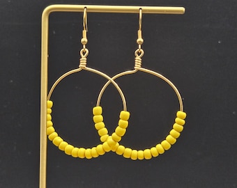 Yellow Beaded Hoop Earrings • Glass Bead Hoop Earrings • Lightweight Hoop Earrings • Yellow Dangle Earrings • Modern Hoop Earrings